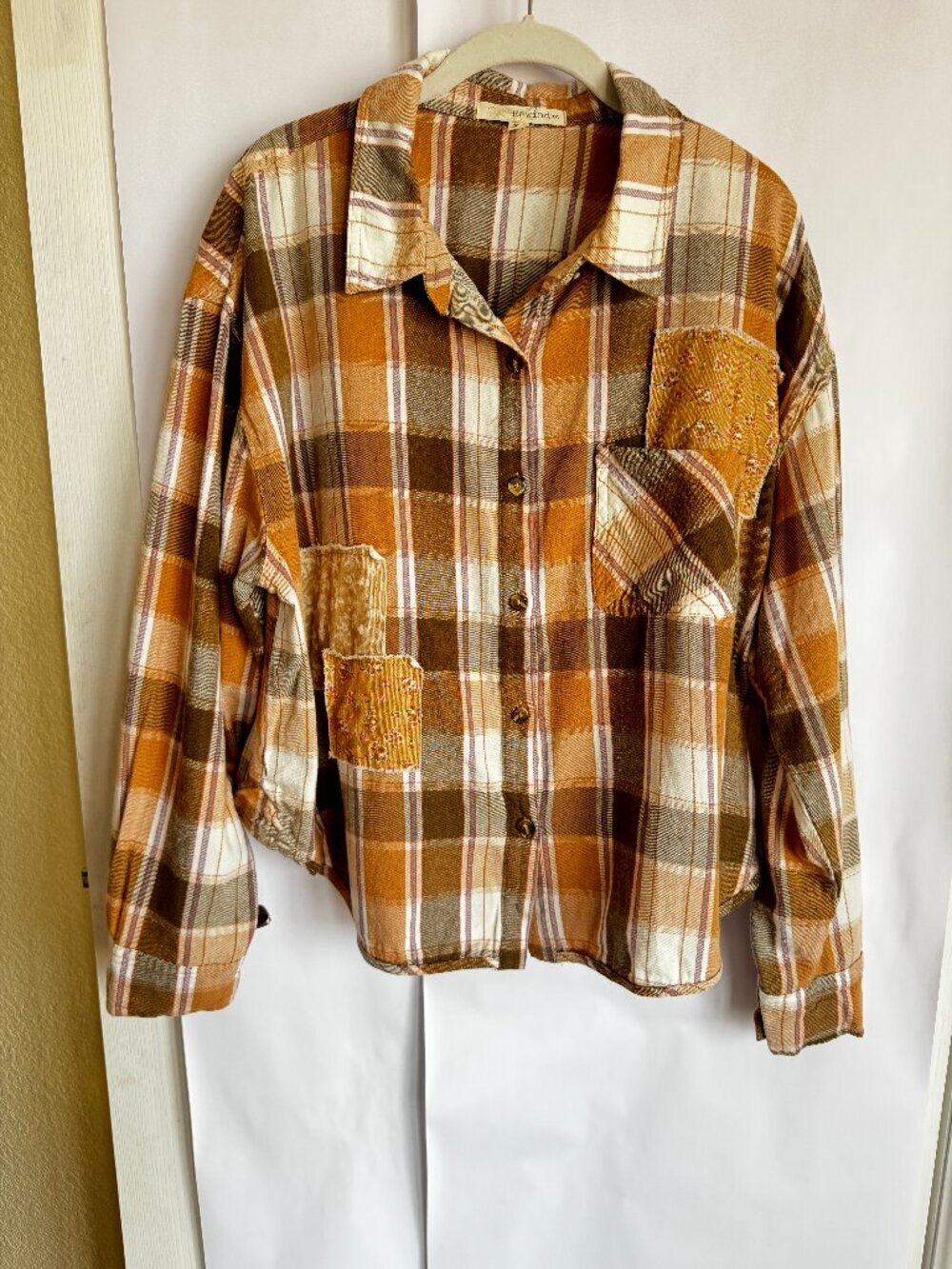 Junior's / Women's Rewind Cropped Patchwork Flannel Button Front Shirt XL
